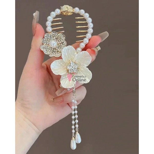 Accesoriu tip banana pentru prins parul din metal PZS050BB - Auriu cu cristale si perle
